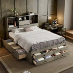 Lit plateforme Queen blanc/gris avec tête de lit de rangement et 8 tiroirs, pour 1 à 2 personnes