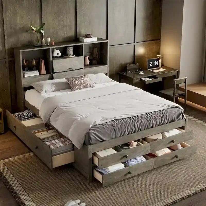Lit plateforme Queen blanc/gris avec tête de lit de rangement et 8 tiroirs, pour 1 à 2 personnes