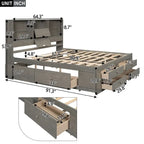 Lit plateforme Queen blanc/gris avec tête de lit de rangement et 8 tiroirs, pour 1 à 2 personnes