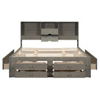 Lit plateforme Queen blanc/gris avec tête de lit de rangement et 8 tiroirs, pour 1 à 2 personnes