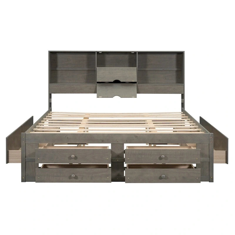 Lit plateforme Queen blanc/gris avec tête de lit de rangement et 8 tiroirs, pour 1 à 2 personnes