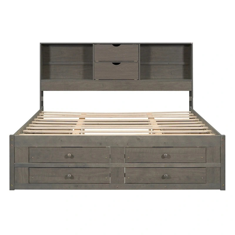 Lit plateforme Queen blanc/gris avec tête de lit de rangement et 8 tiroirs, pour 1 à 2 personnes