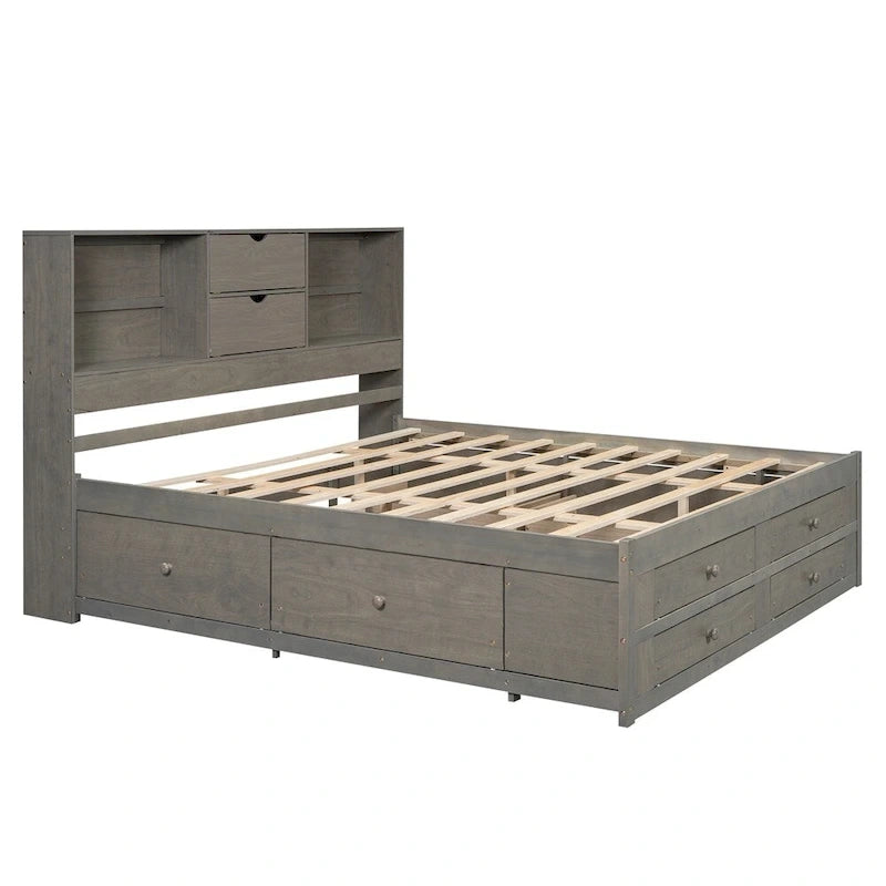 Lit plateforme Queen blanc/gris avec tête de lit de rangement et 8 tiroirs, pour 1 à 2 personnes