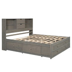 Lit plateforme Queen blanc/gris avec tête de lit de rangement et 8 tiroirs, pour 1 à 2 personnes