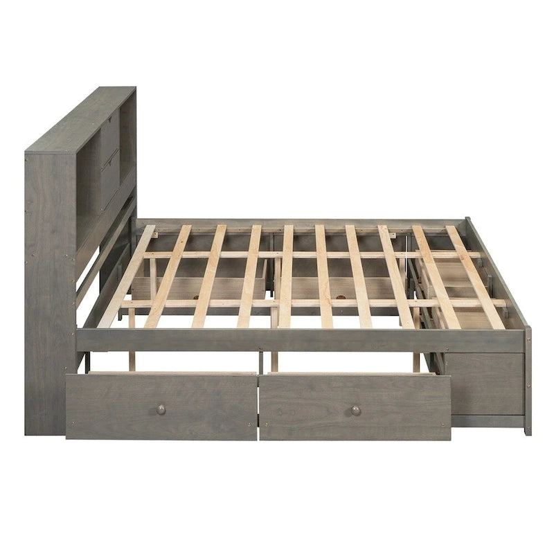 Lit plateforme Queen blanc/gris avec tête de lit de rangement et 8 tiroirs, pour 1 à 2 personnes
