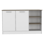 Îlot de cuisine blanc et marron foncé, armoire à 2 portes et 3 étagères ouvertes