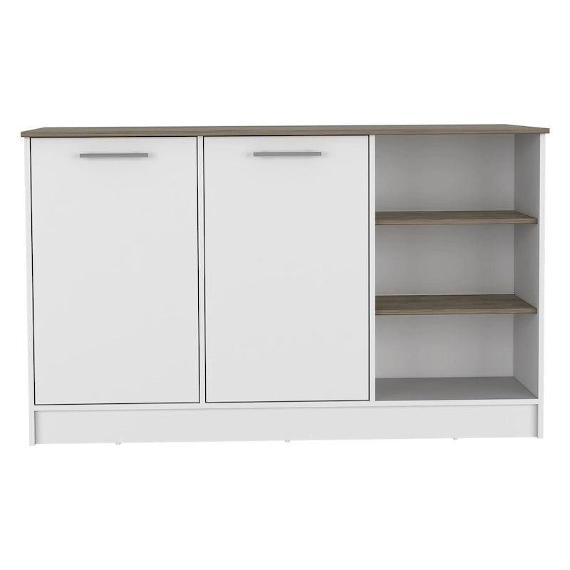 Îlot de cuisine blanc et marron foncé, armoire à 2 portes et 3 étagères ouvertes
