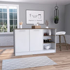 Îlot de cuisine blanc et marron foncé, armoire à 2 portes et 3 étagères ouvertes