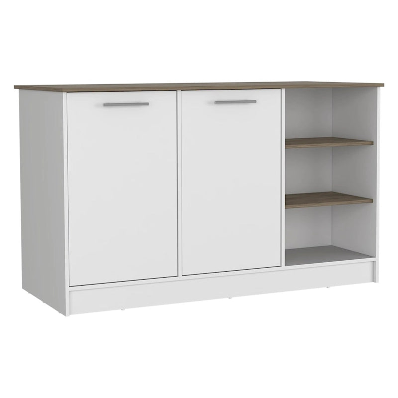 Îlot de cuisine blanc et marron foncé, armoire à 2 portes et 3 étagères ouvertes