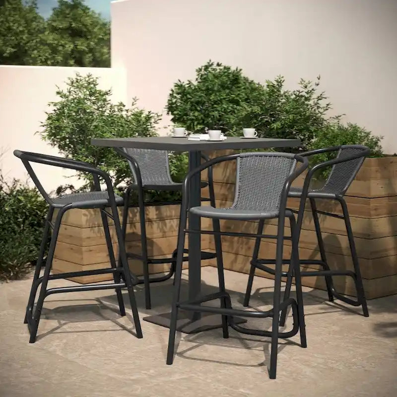 Tabouret de bar en rotin gris/noir/marron moyen, lot de 4, intérieur/extérieur