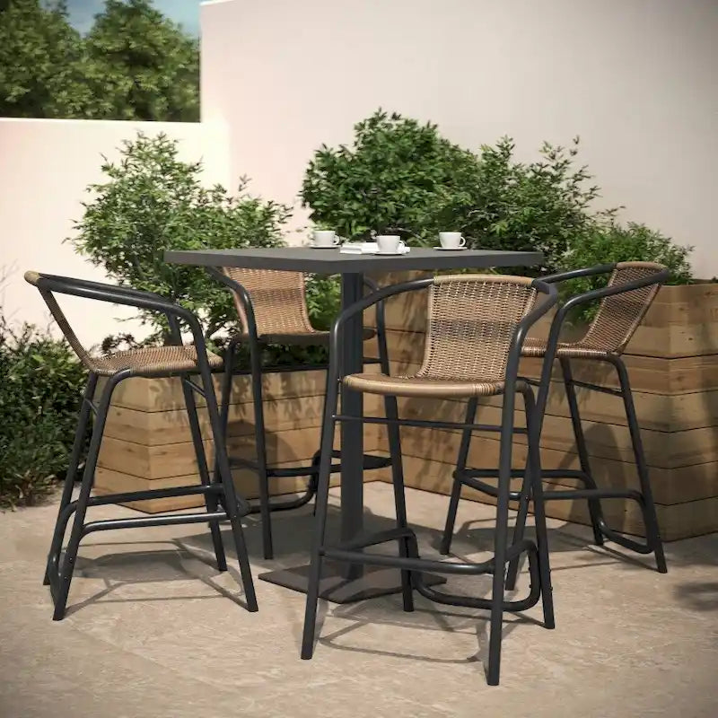 Tabouret de bar en rotin gris/noir/marron moyen, lot de 4, intérieur/extérieur