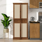 Armoire à 4 portes avec tiroir et étagères réglables en noyer / rotin naturel, simple