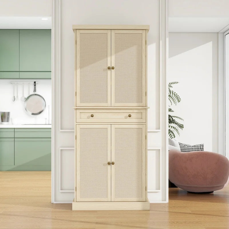 Armoire à 4 portes avec tiroir et étagères réglables en noyer / rotin naturel, simple