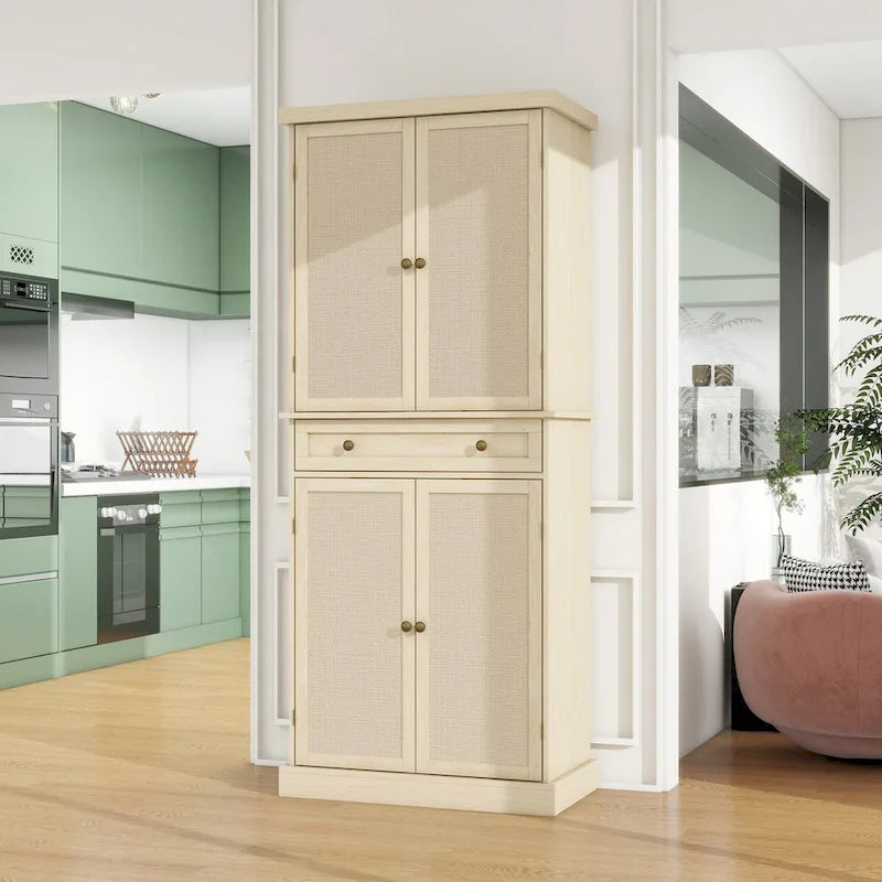 Armoire à 4 portes avec tiroir et étagères réglables en noyer / rotin naturel, simple