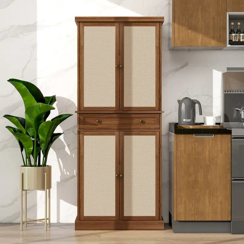 Armoire à 4 portes avec tiroir et étagères réglables en noyer / rotin naturel, simple