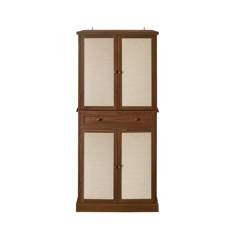 Armoire à 4 portes avec tiroir et étagères réglables en noyer / rotin naturel, simple