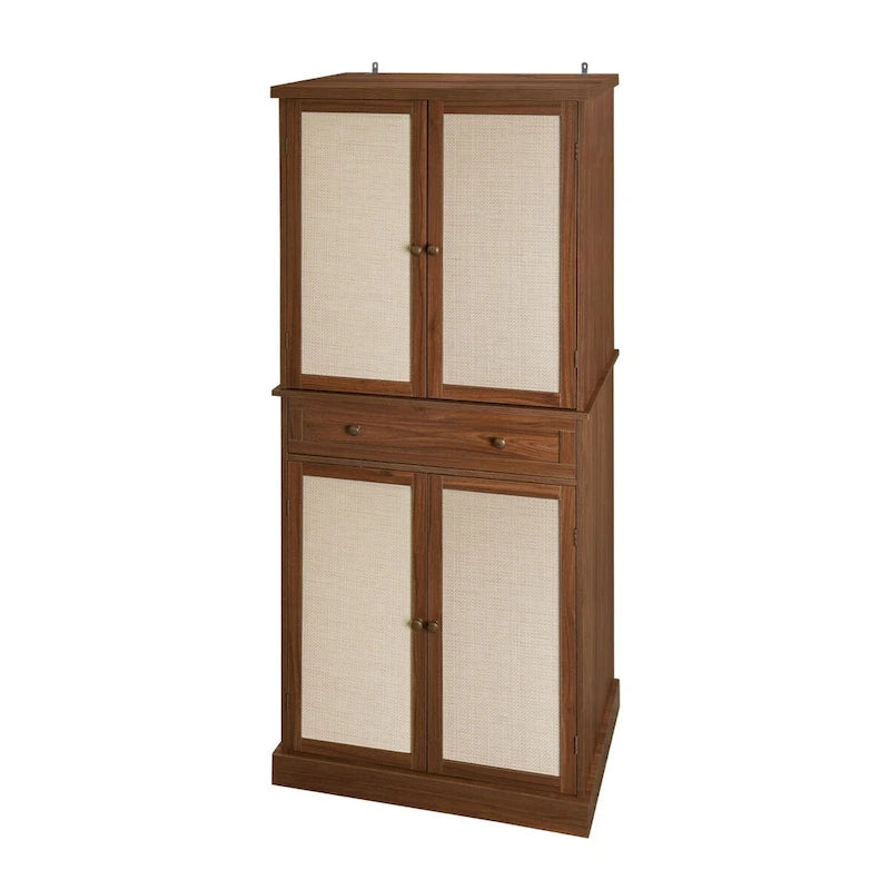 Armoire à 4 portes avec tiroir et étagères réglables en noyer / rotin naturel, simple