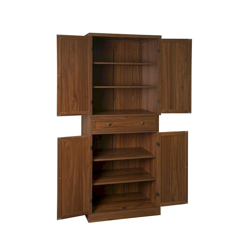 Armoire à 4 portes avec tiroir et étagères réglables en noyer / rotin naturel, simple