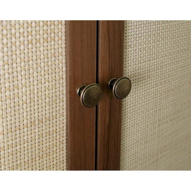 Armoire à 4 portes avec tiroir et étagères réglables en noyer / rotin naturel, simple