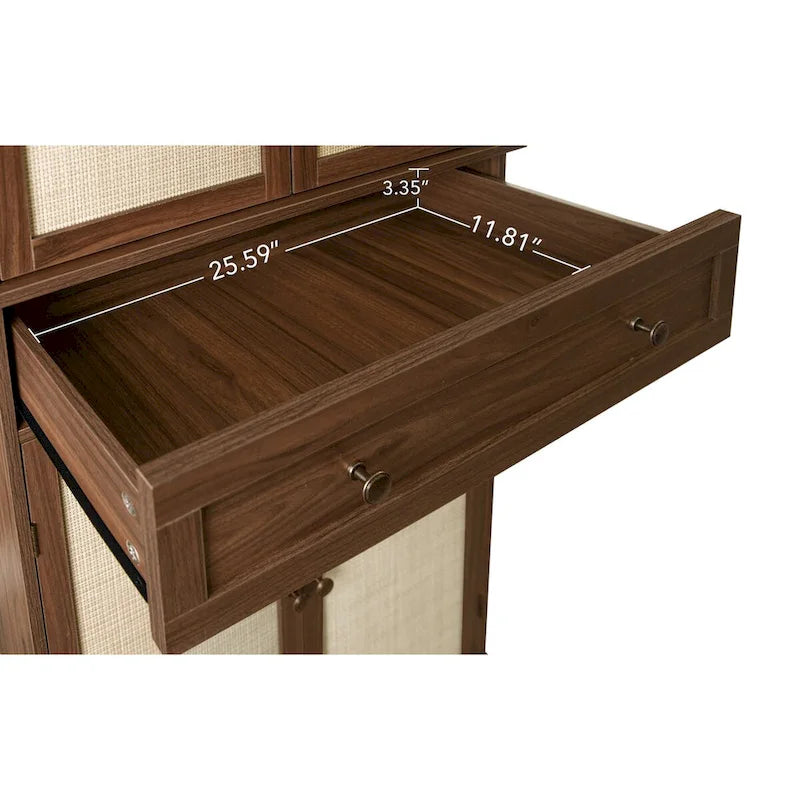 Armoire à 4 portes avec tiroir et étagères réglables en noyer / rotin naturel, simple