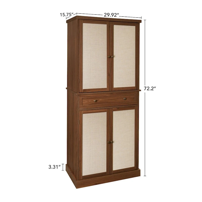 Armoire à 4 portes avec tiroir et étagères réglables en noyer / rotin naturel, simple