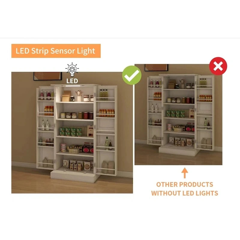 Armoire de cuisine autoportante blanche avec éclairage LED, une porte, 5 niveaux
