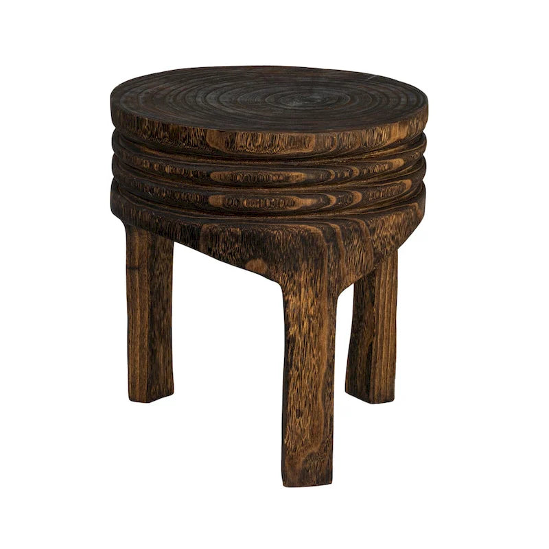 Tabouret rond en bois sculpté, naturel / marron foncé / noir, une place