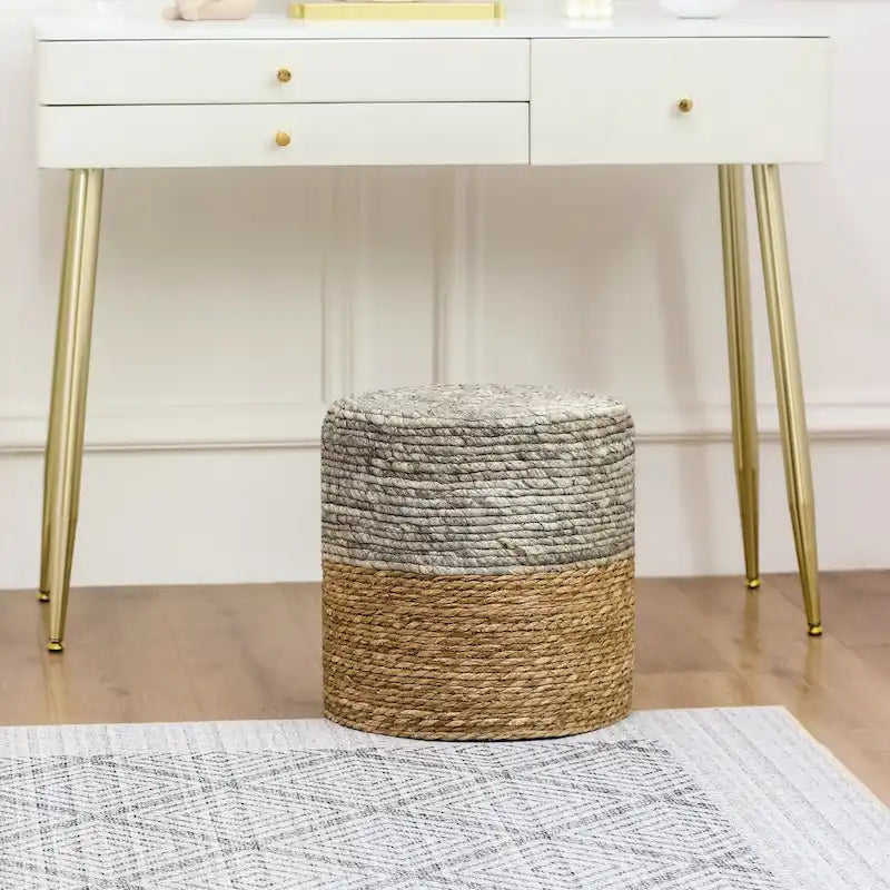 Pouf rond en quenouille naturelle tissé à la main, Gris/Beige/Naturel, Individuel