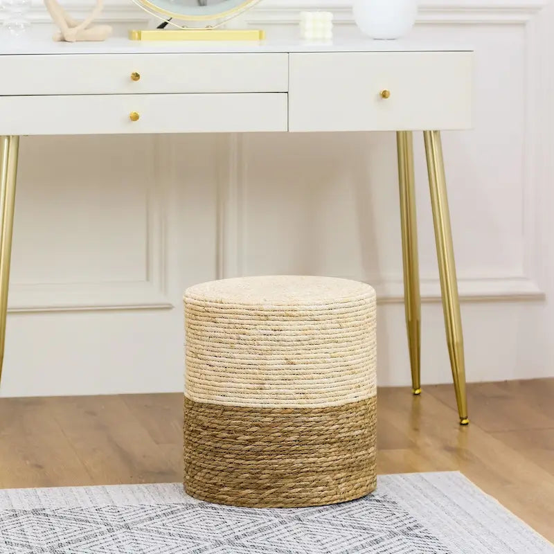 Pouf rond en quenouille naturelle tissé à la main, Gris/Beige/Naturel, Individuel