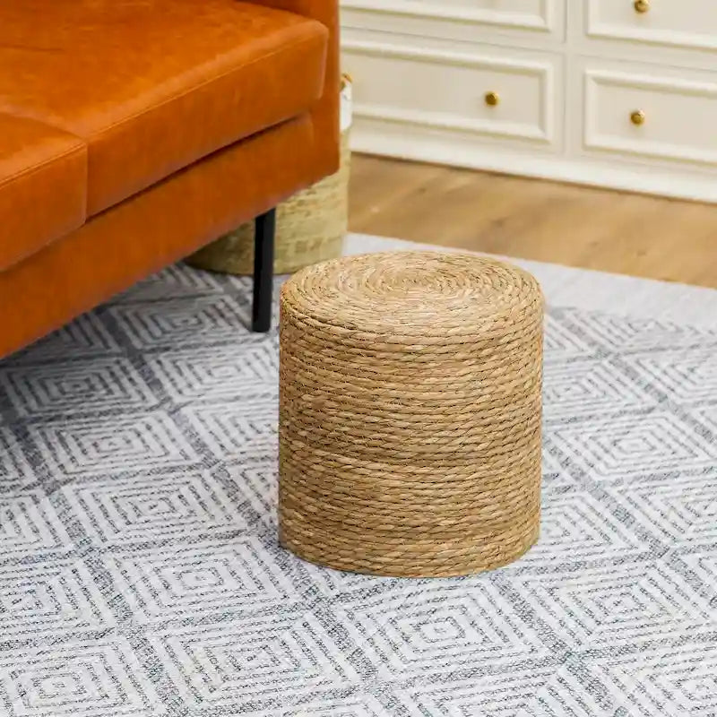 Pouf rond en quenouille naturelle tissé à la main, Gris/Beige/Naturel, Individuel