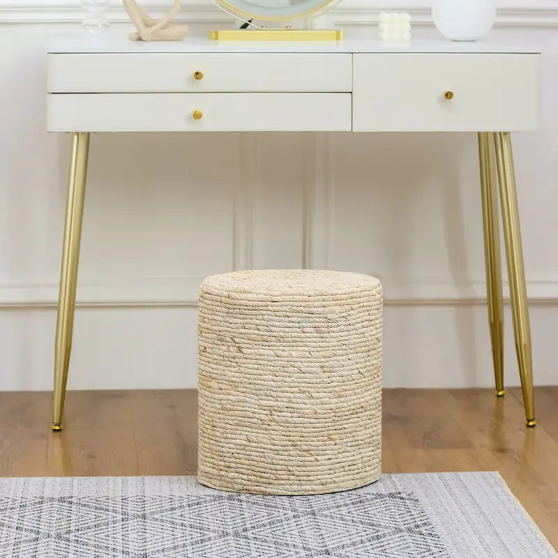 Pouf rond en quenouille naturelle tissé à la main, Gris/Beige/Naturel, Individuel