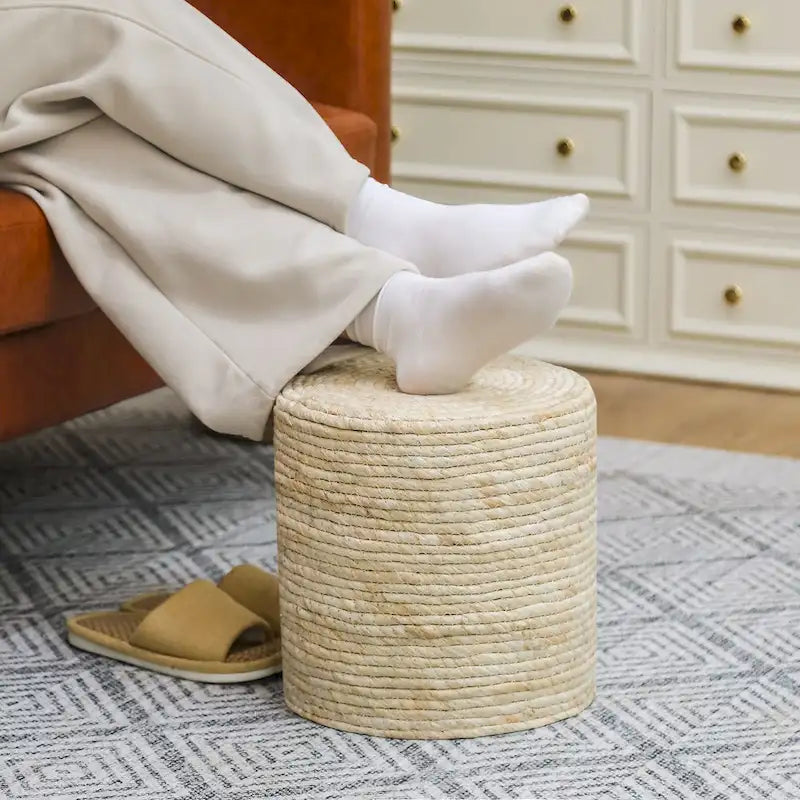 Pouf rond en quenouille naturelle tissé à la main, Gris/Beige/Naturel, Individuel