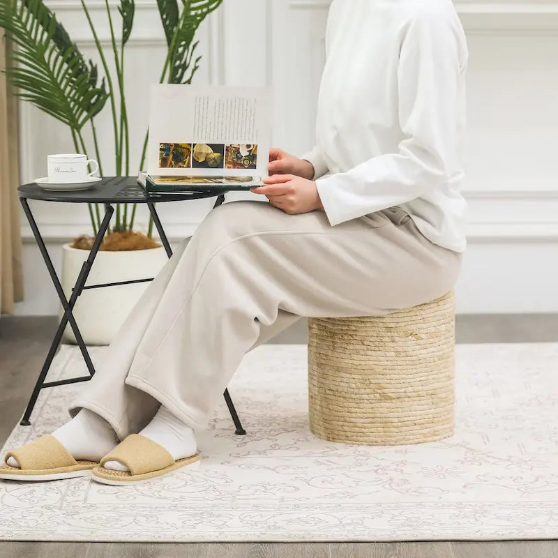 Pouf rond en quenouille naturelle tissé à la main, Gris/Beige/Naturel, Individuel