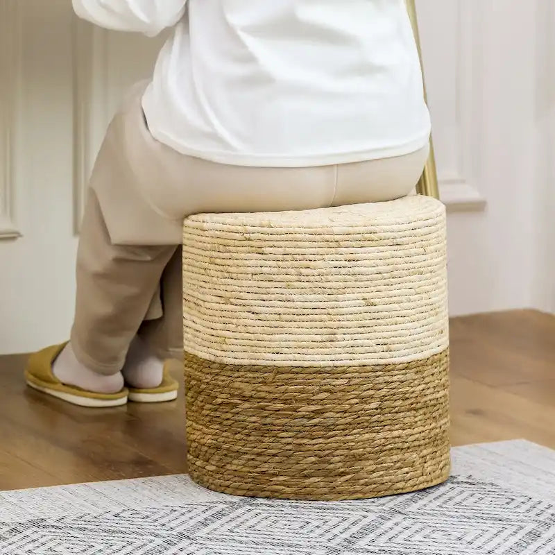 Pouf rond en quenouille naturelle tissé à la main, Gris/Beige/Naturel, Individuel