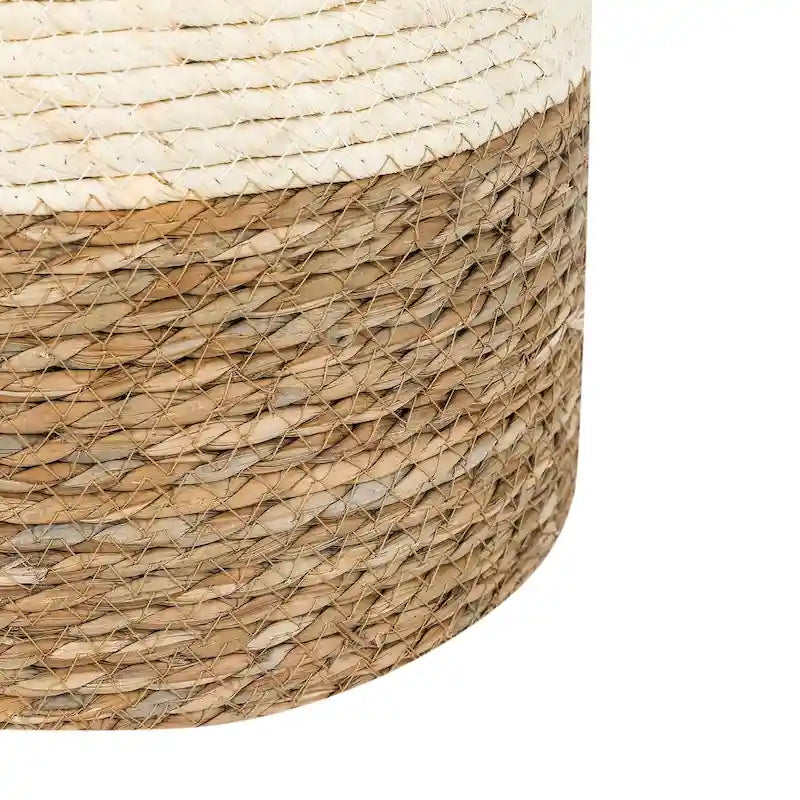 Pouf rond en quenouille naturelle tissé à la main, Gris/Beige/Naturel, Individuel