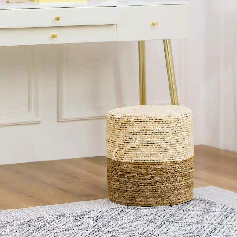 Pouf rond en quenouille naturelle tissé à la main, Gris/Beige/Naturel, Individuel