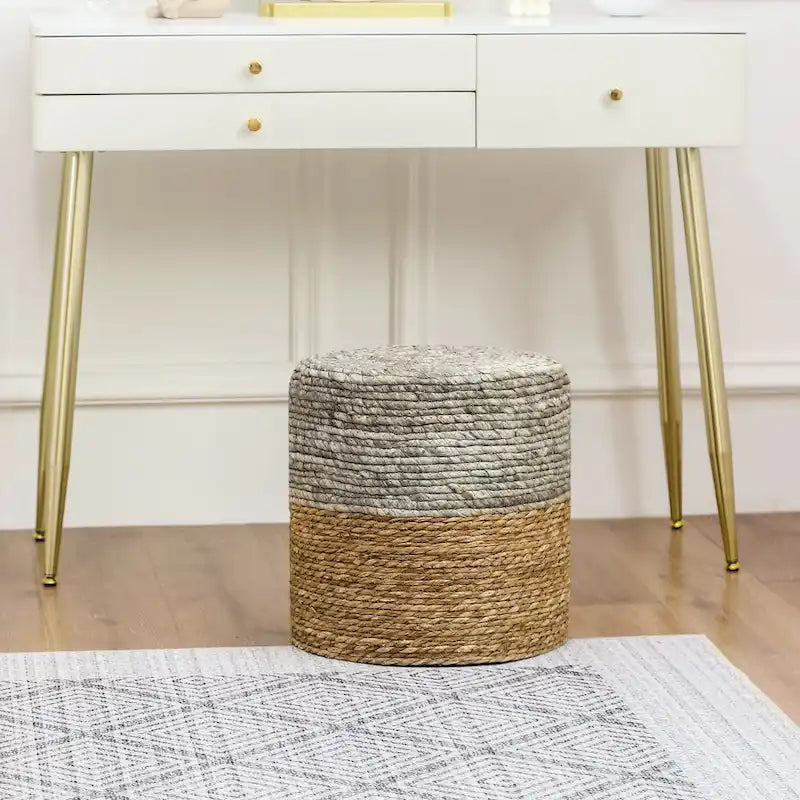 Pouf rond en quenouille naturelle tissé à la main, Gris/Beige/Naturel, Individuel