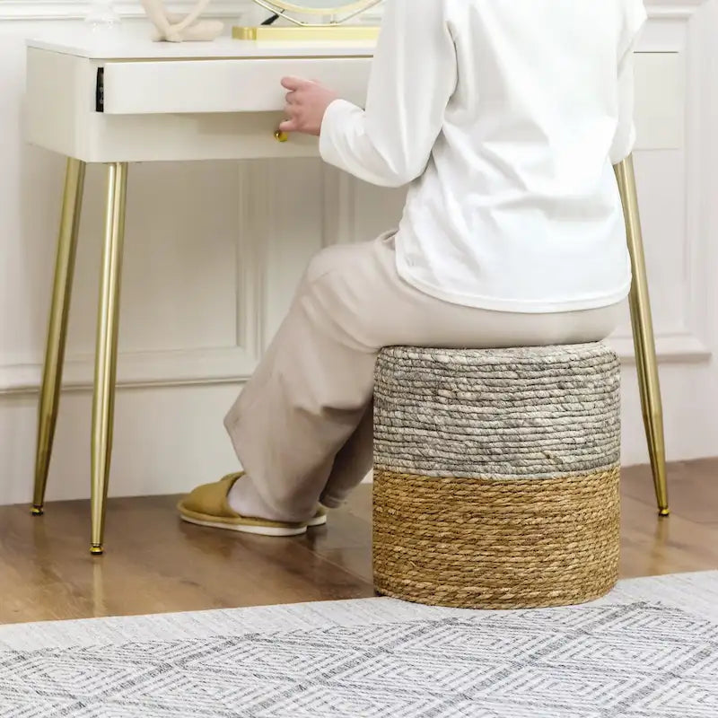 Pouf rond en quenouille naturelle tissé à la main, Gris/Beige/Naturel, Individuel