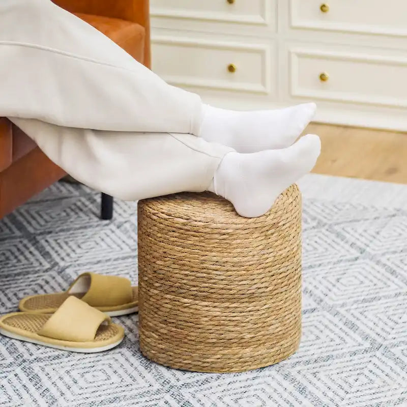 Pouf rond en quenouille naturelle tissé à la main, Gris/Beige/Naturel, Individuel