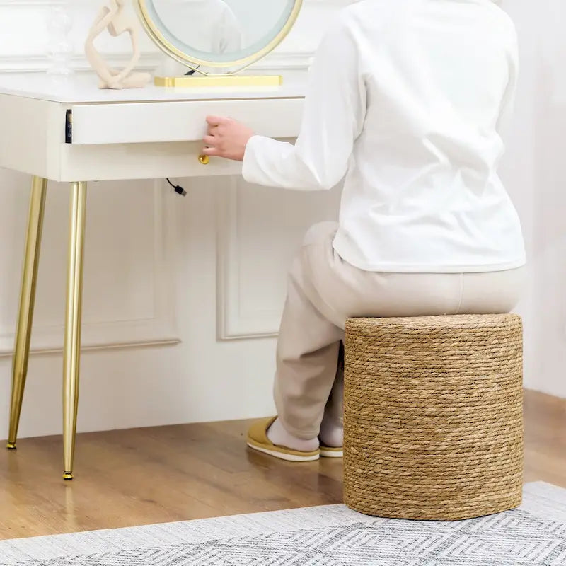 Pouf rond en quenouille naturelle tissé à la main, Gris/Beige/Naturel, Individuel