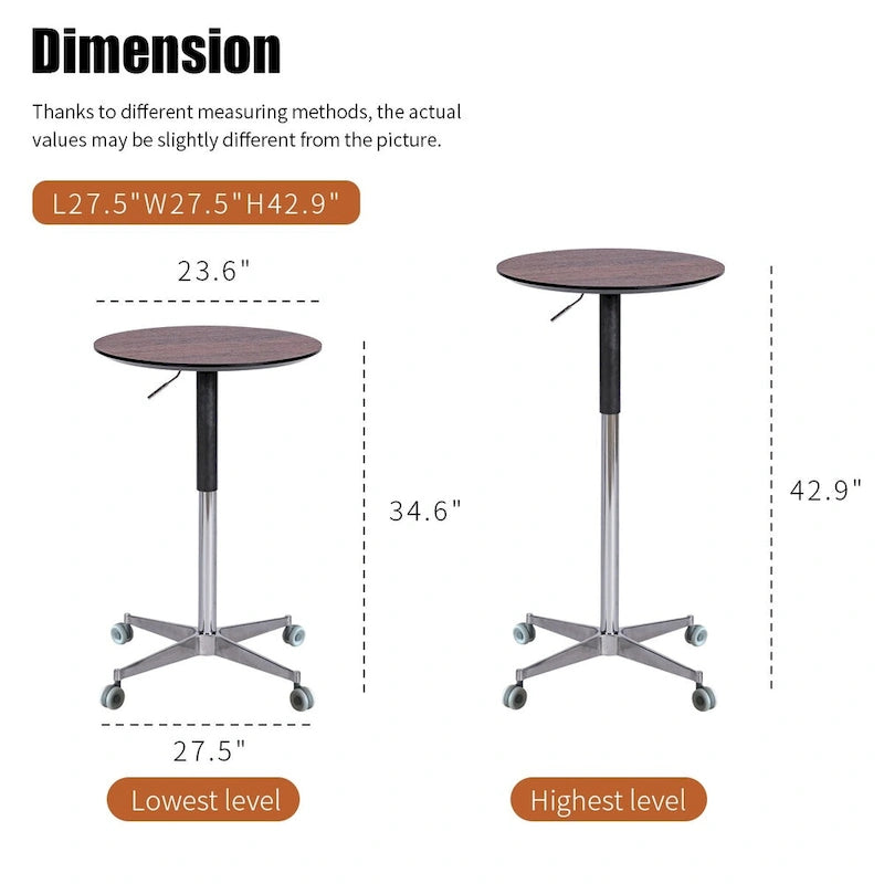 Table de bar réglable en hauteur, marron / naturelle / noire, table de bistrot/pub pivotante pour 1 personne