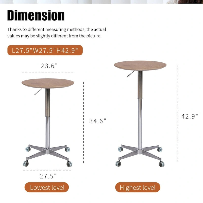 Table de bar réglable en hauteur, marron / naturelle / noire, table de bistrot/pub pivotante pour 1 personne