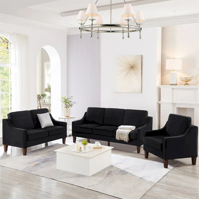 Fauteuil d'appoint en velours noir / marine / taupe, une place, pieds en bois