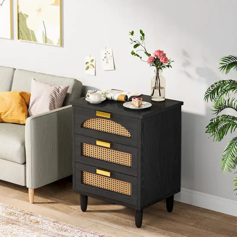Table de chevet à 3 tiroirs vert/noir avec accents en rotin, 1-2 personnes