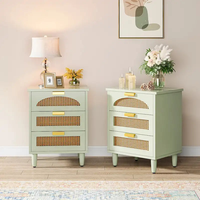 Table de chevet à 3 tiroirs vert/noir avec accents en rotin, 1-2 personnes