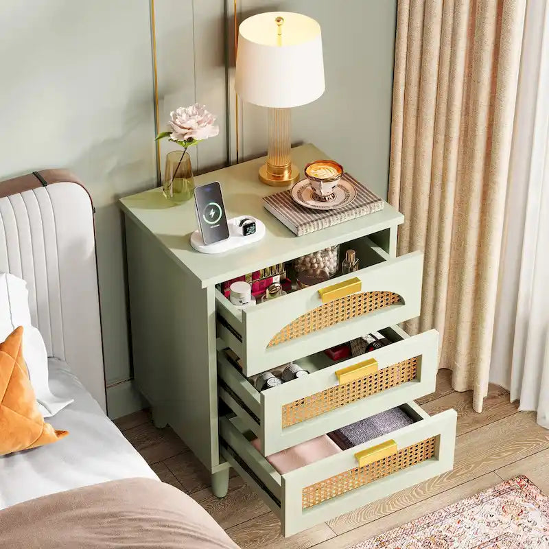 Table de chevet à 3 tiroirs vert/noir avec accents en rotin, 1-2 personnes