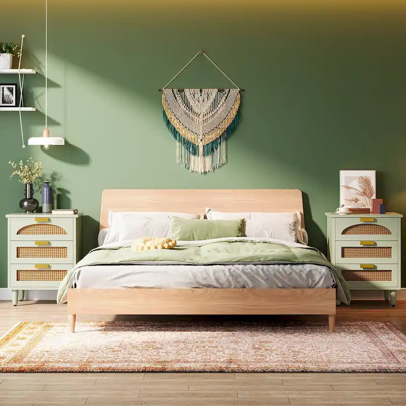 Table de chevet à 3 tiroirs vert/noir avec accents en rotin, 1-2 personnes