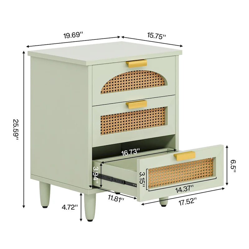 Table de chevet à 3 tiroirs vert/noir avec accents en rotin, 1-2 personnes