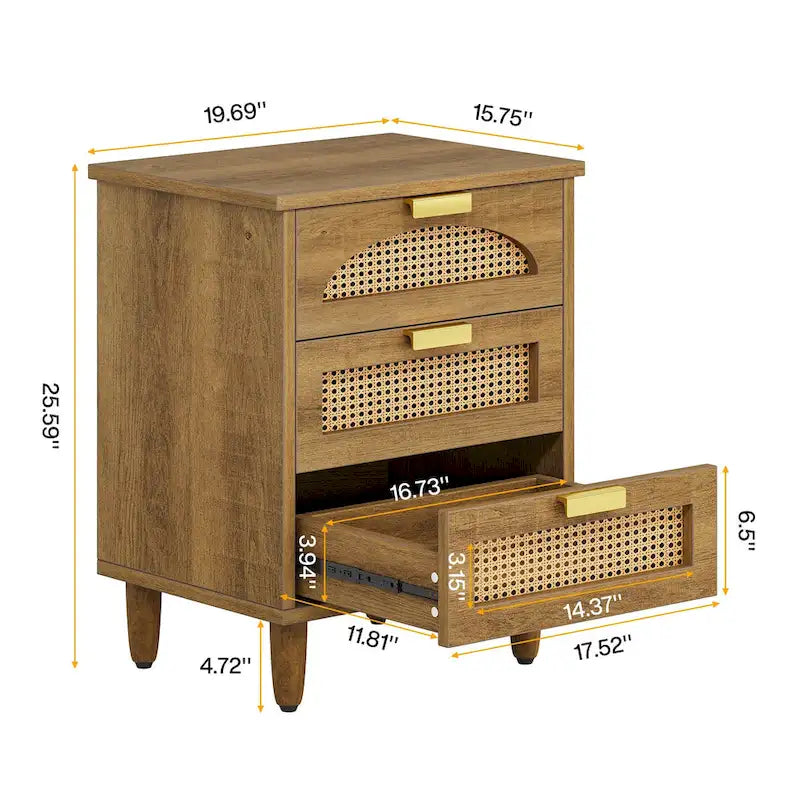 Table de chevet à 3 tiroirs vert/noir avec accents en rotin, 1-2 personnes