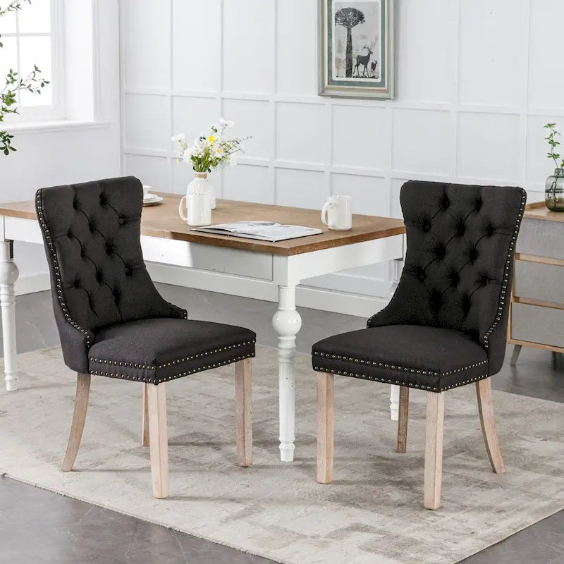 Chaise de salle à manger en lin noir/beige/gris avec pieds en bois, lot de 2